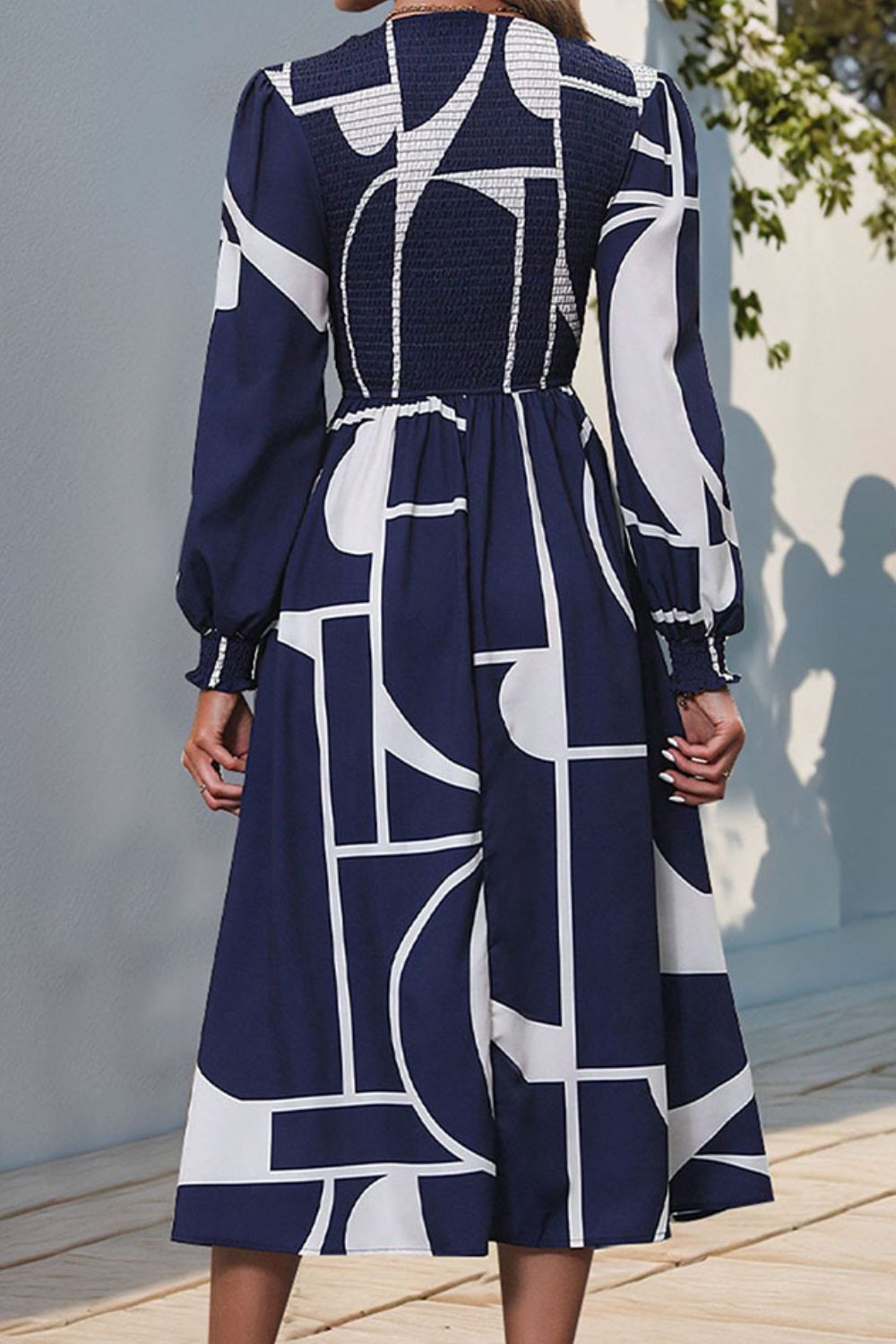 Perfee Smocked Color Block Long Sleeve Midi Dress