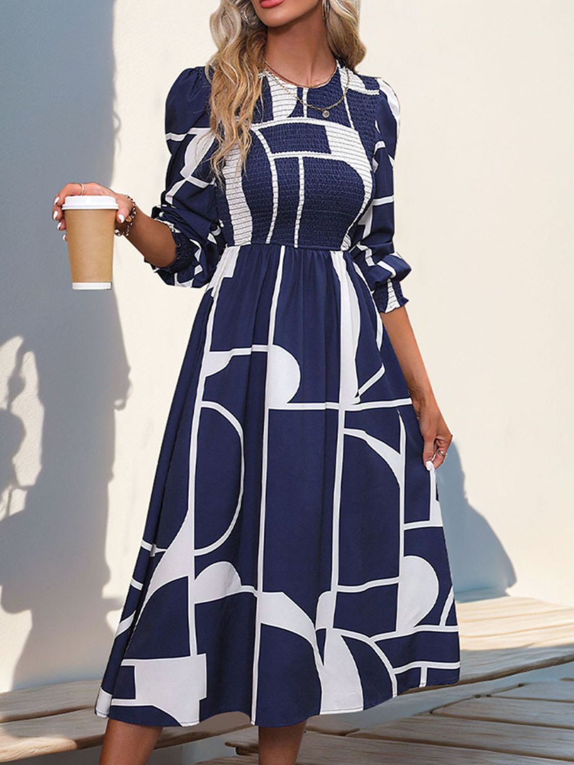 Perfee Smocked Color Block Long Sleeve Midi Dress