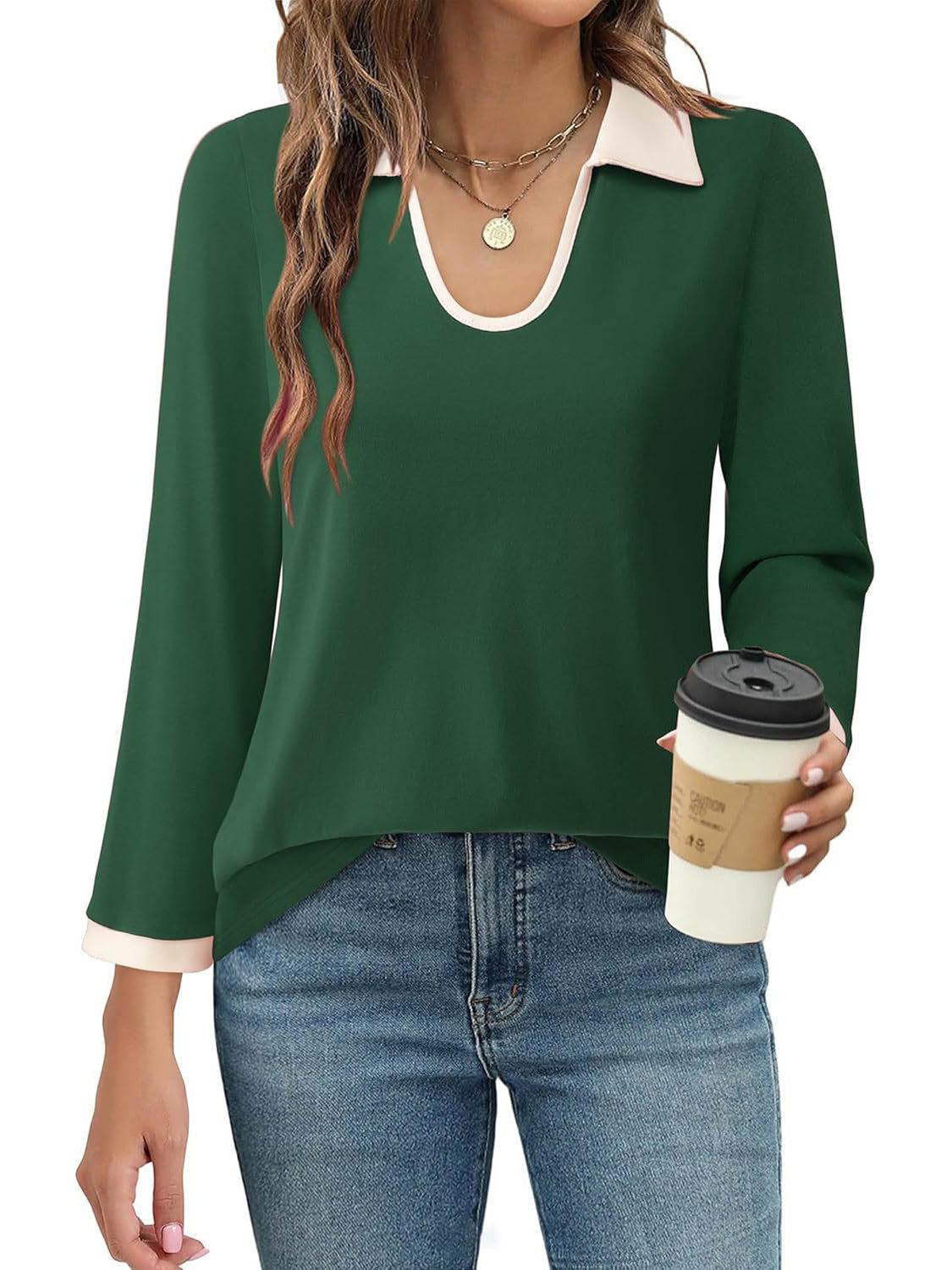 Contrast Collared Neck Long Sleeve Top