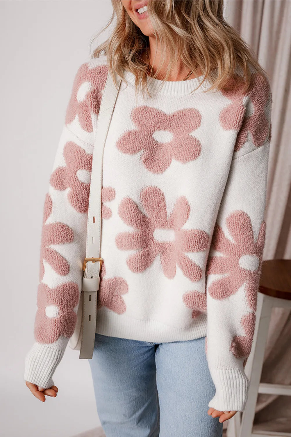 Flower Round Neck Long Sleeve Knit Top