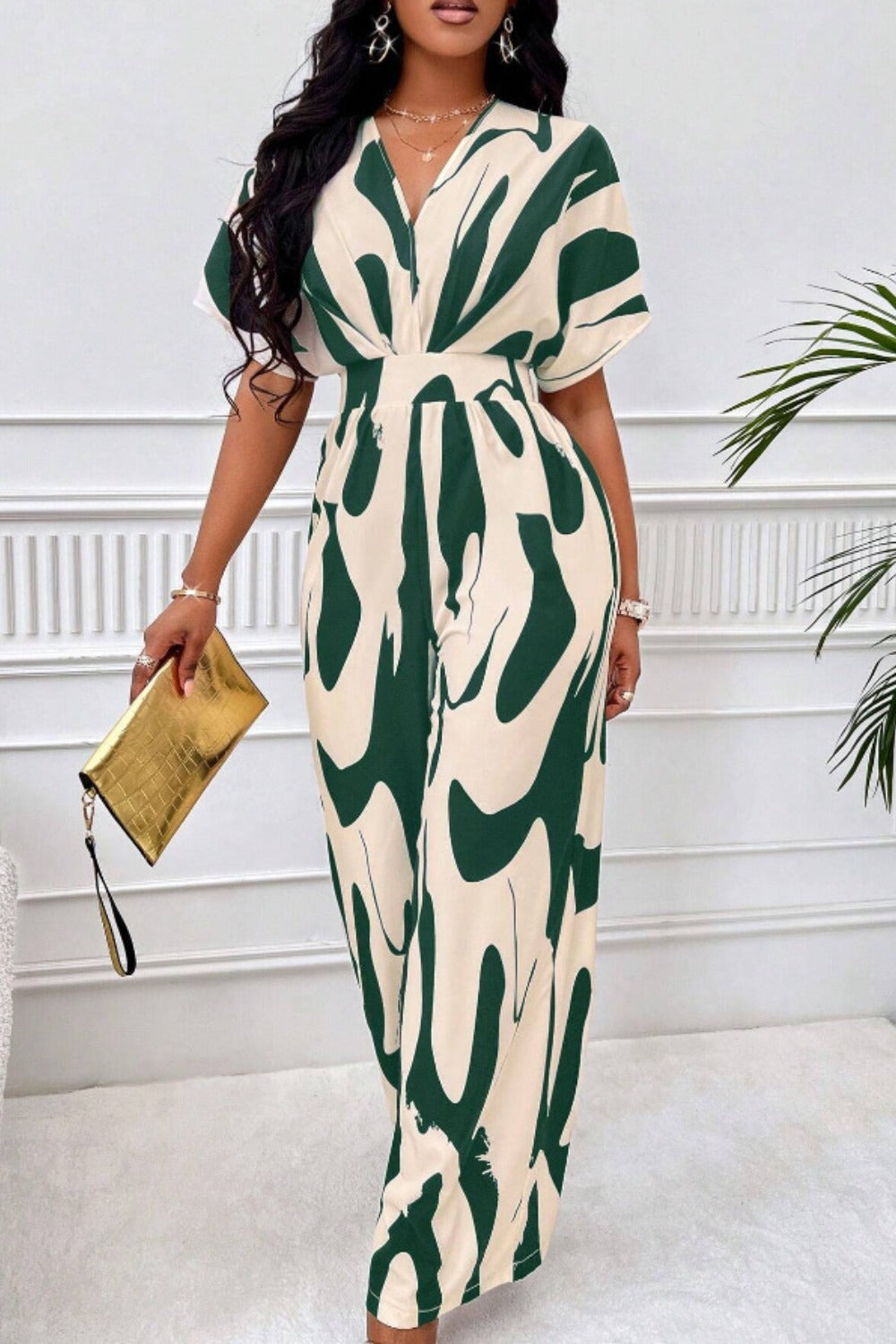 Printed V-Neck Short Sleeve Wide Leg Jumpsuit