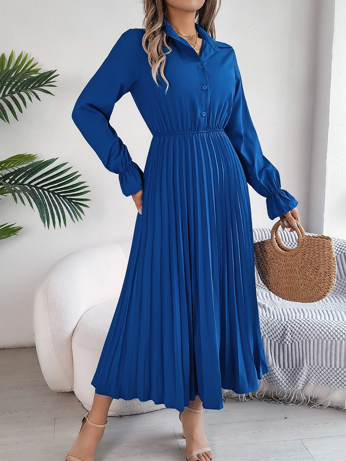 Pleated Half Button Long Sleeve Midi Dress